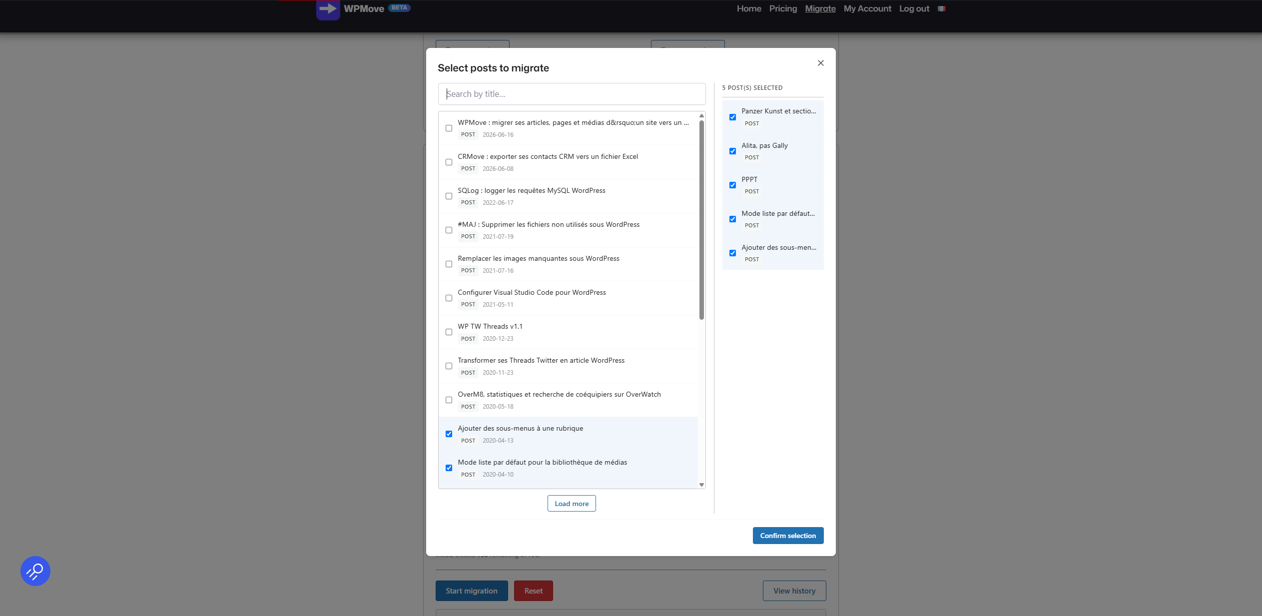 WPMove : spécifier les articles / pages à exporter